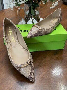 Sam Edelman, NORI, ballet Pointed Toe Flat, Snake Skin, Oak, Gold buckle, Sz 7